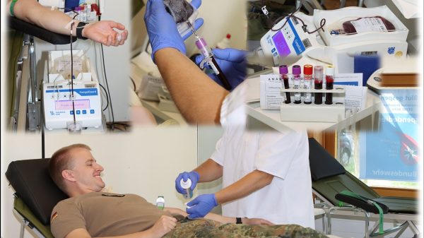 Außenspende des BSDBw: Abnahme von ca. 500 ml Vollblut zur späteren Weiterverarbeitung, wobei Proben zur Diagnostik gewonnen werden.