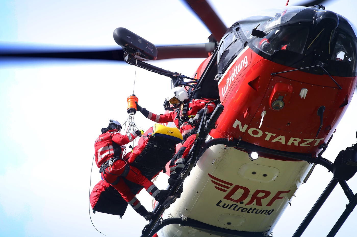 The crew of the Christoph 100 rescue helicopter practises winch training in flight once a year.