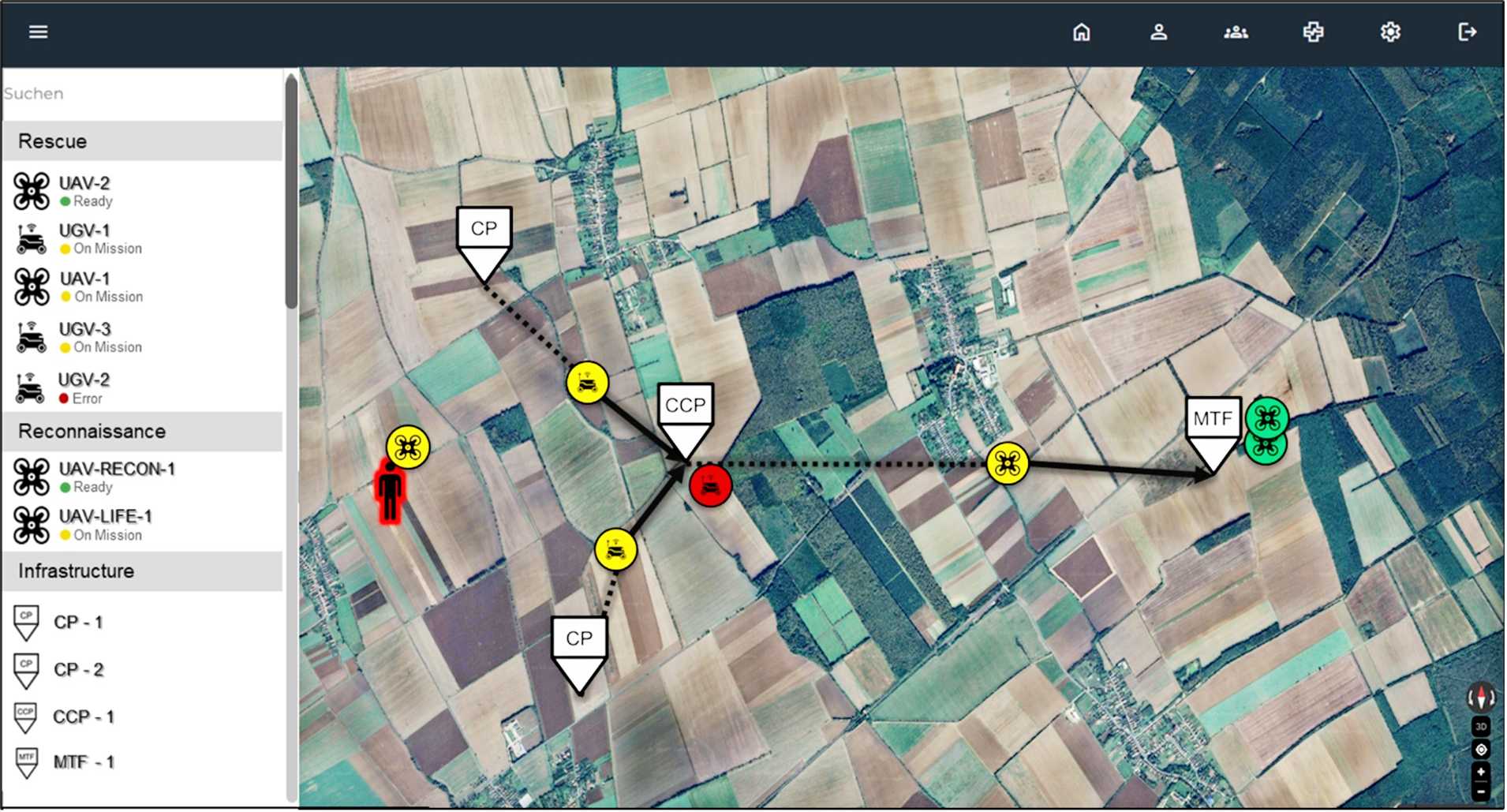 Notfallmedizin: Lagedarstellung der operativ-taktischen Lage: Die KI kann anhand der medizinischen Dringlichkeit, den Geo-Daten der Transportmittel und der Kapazitäten der beteiligten Versorgungseinrichtungen aktiv Einfluss auf den Patientenfluss entlang der Rettungskette nehmen.