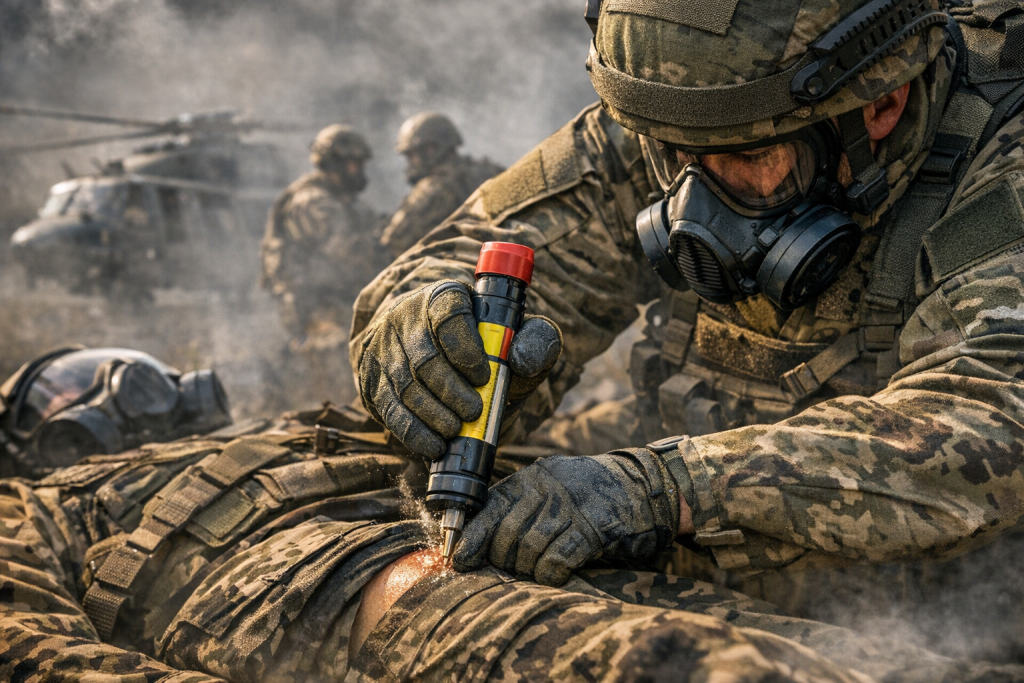 Symbolisch erstellte Illustration. Die Entwicklung aktiver Autoinjektoren für Antidote bei Nervenkampfstoffvergiftungen